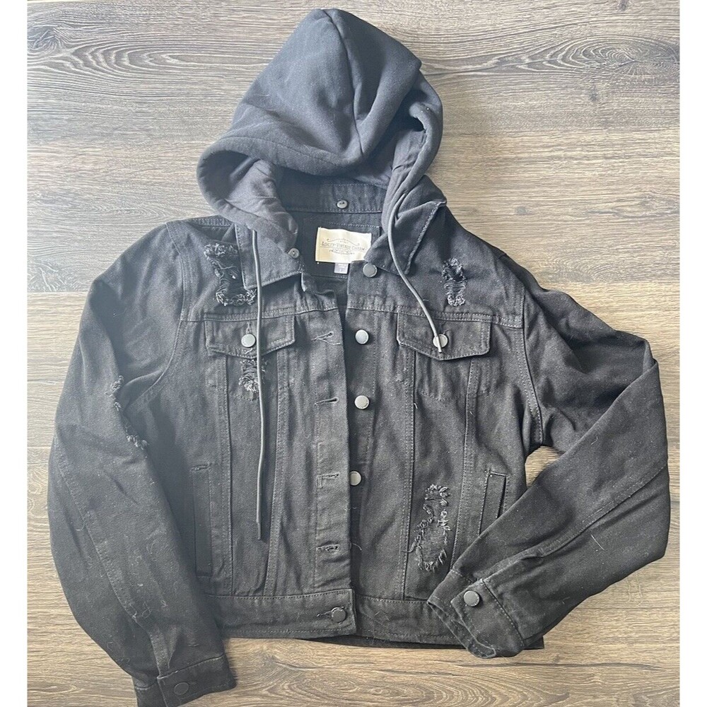 AVC Women’s Jean Jacket Black Distress Hooded Goth Romantic SZ L Grunge Y2K Cute